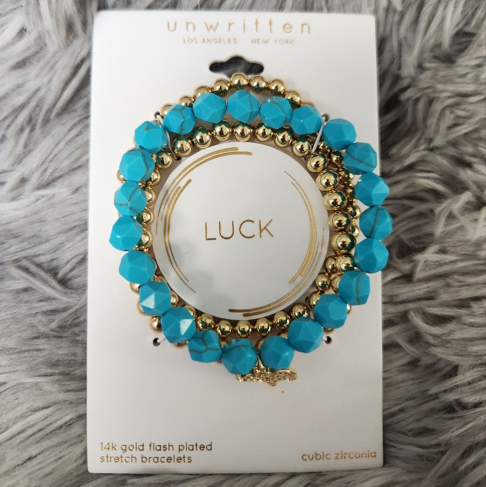 Unwritten "Luck" Turquoise and Gold Beaded Bracelet Set with Elephant